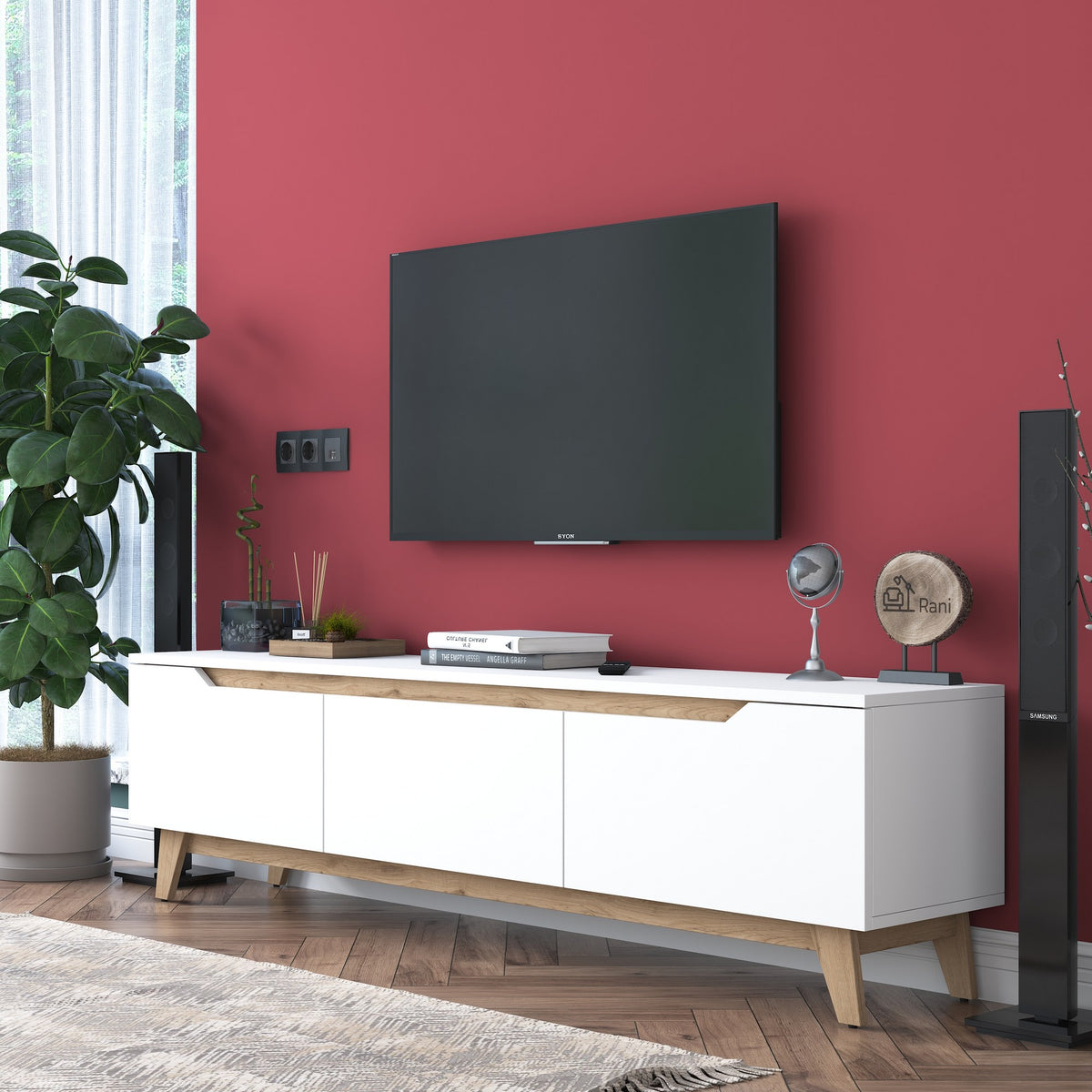 TV Furniture - TV Furniture Osiris White Light Walnut Melamine 180x48.6x35 cm - Dimehouse