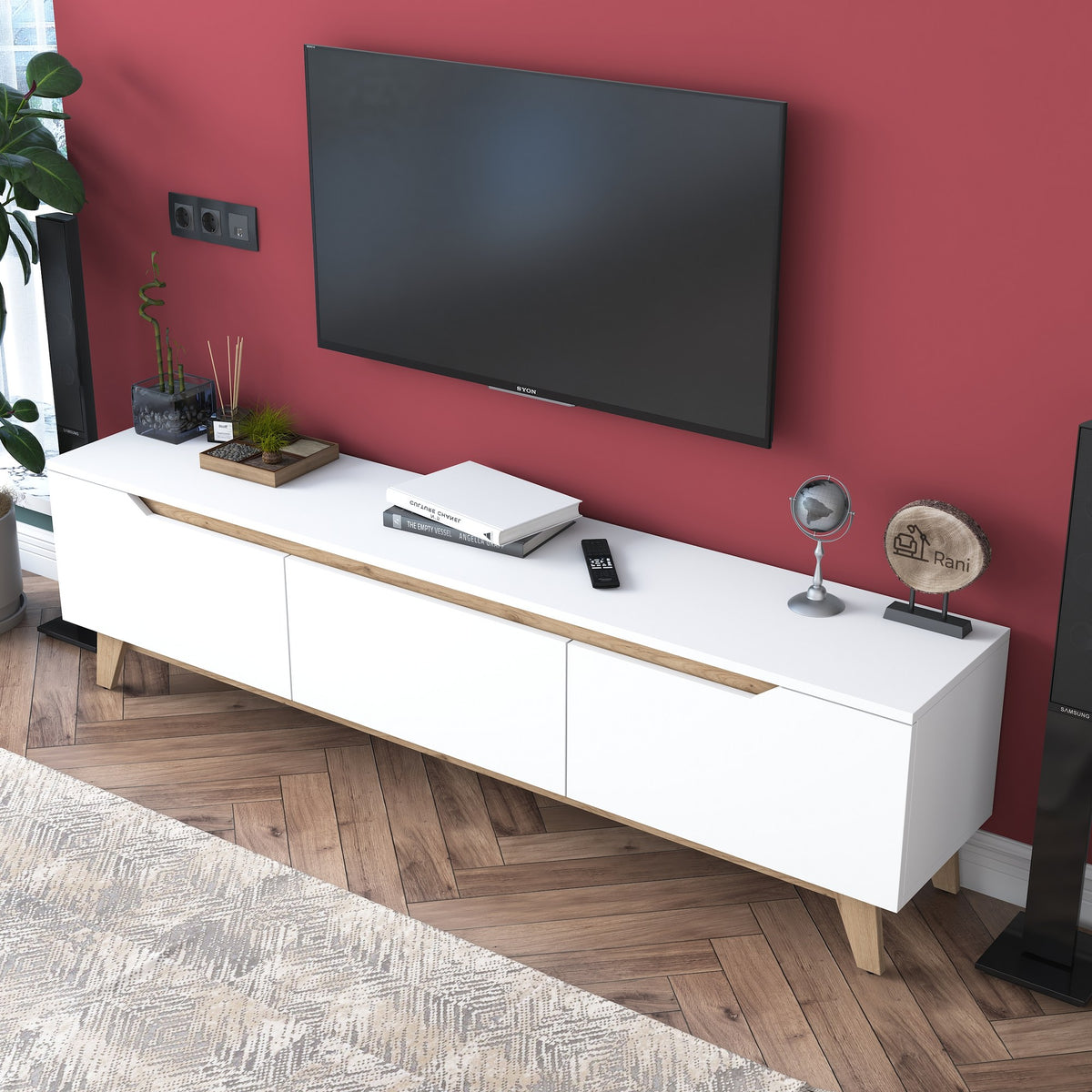 TV Furniture - TV Furniture Osiris White Light Walnut Melamine 180x48.6x35 cm - Dimehouse