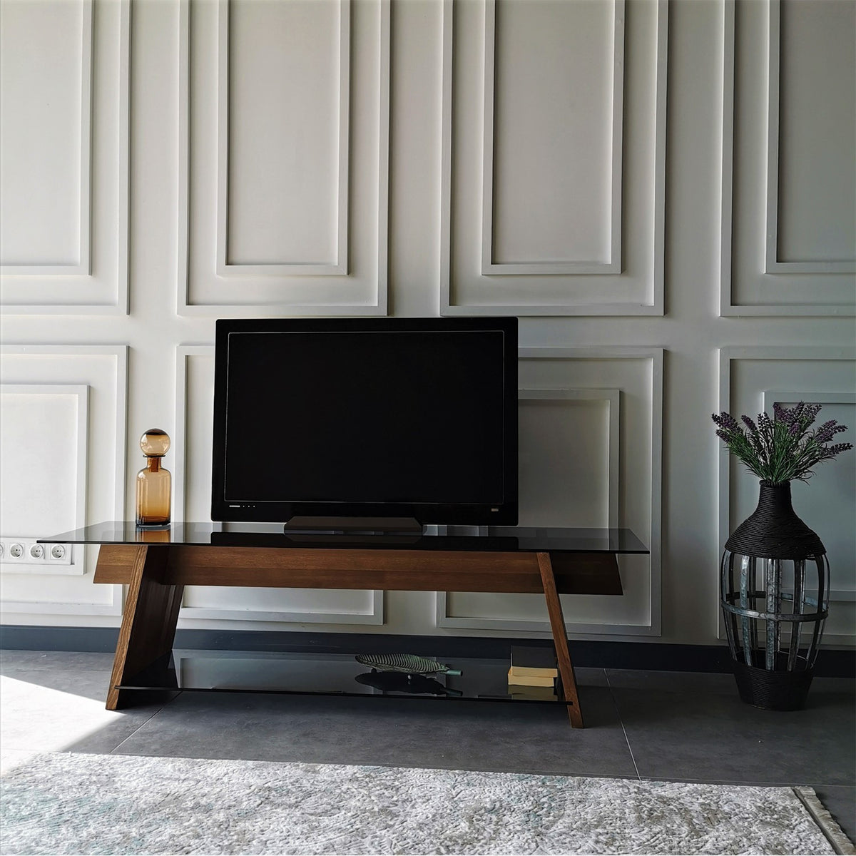 TV Furniture - TV Furniture Coral Walnut Black Glass 158x45x40 cm - Dimehouse