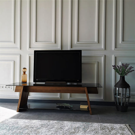 TV Furniture - TV Furniture Coral Walnut Black Glass 158x45x40 cm - Dimehouse