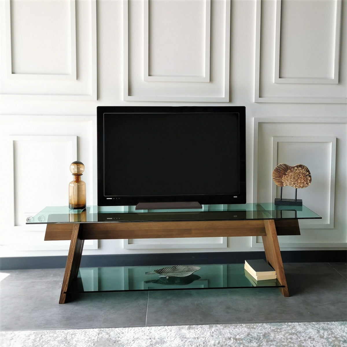 TV Furniture - TV Furniture Coral Walnut Green Glass 158x45x40 cm - Dimehouse