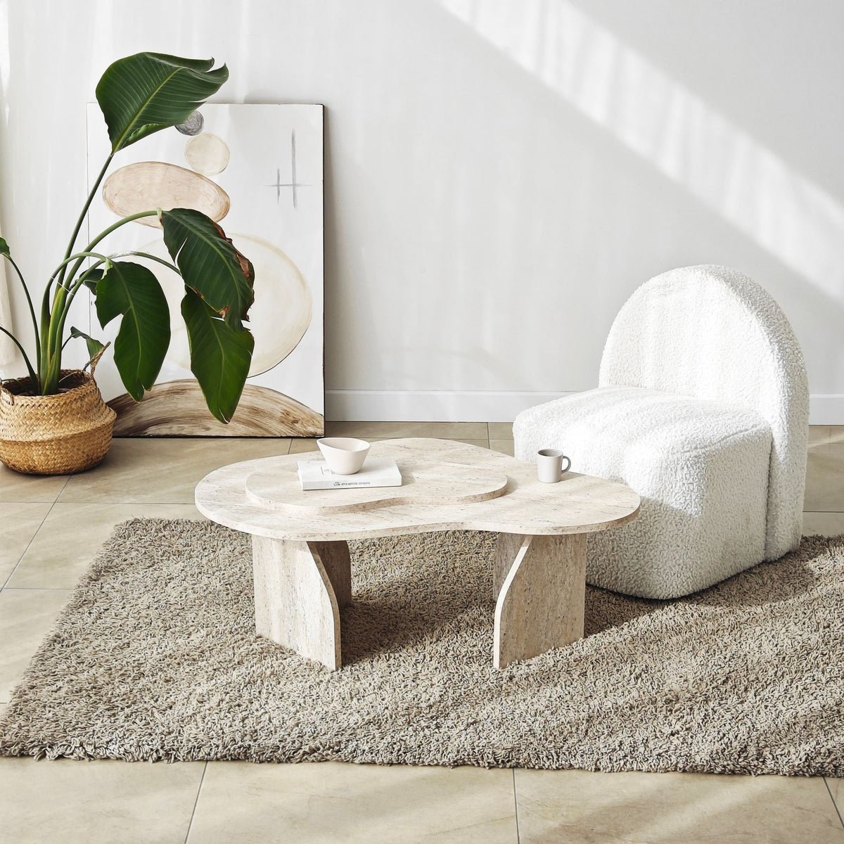 Coffee tables - Organic Coffee Table Travertine Melamine marble look Melta - 105x65 cm - Dimehouse