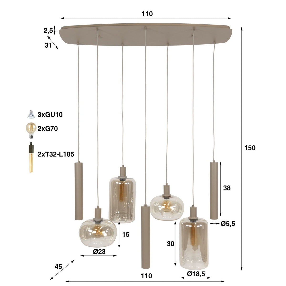 Hanging lamp - Hanging lamp Sera 7 - light beige metal amber glass - Dimehouse