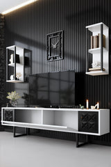 TV Furniture - TV Furniture Set Black Line White Black Melamine 180x48x30 cm - Dimehouse