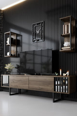 TV Furniture - TV Furniture Set Chrome Line Walnut Black Melamine 180x48x30 cm - Dimehouse