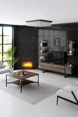 TV Furniture - TV Furniture Set Chrome Line Walnut Black Melamine 180x48x30 cm - Dimehouse