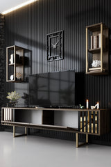 TV Furniture - TV Furniture Set Gold Line Walnut Black Melamine 180x48x30 cm - Dimehouse