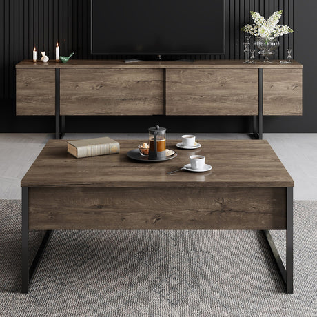 Furniture Sets - Furniture Set Walnut Luxury - Coffee Table + TV Furniture - Black Frame - Dimehouse