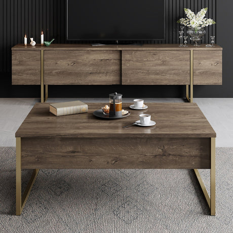Furniture Sets - Furniture Set Walnut Luxury - Coffee Table + TV Furniture - Golden Frame - Dimehouse