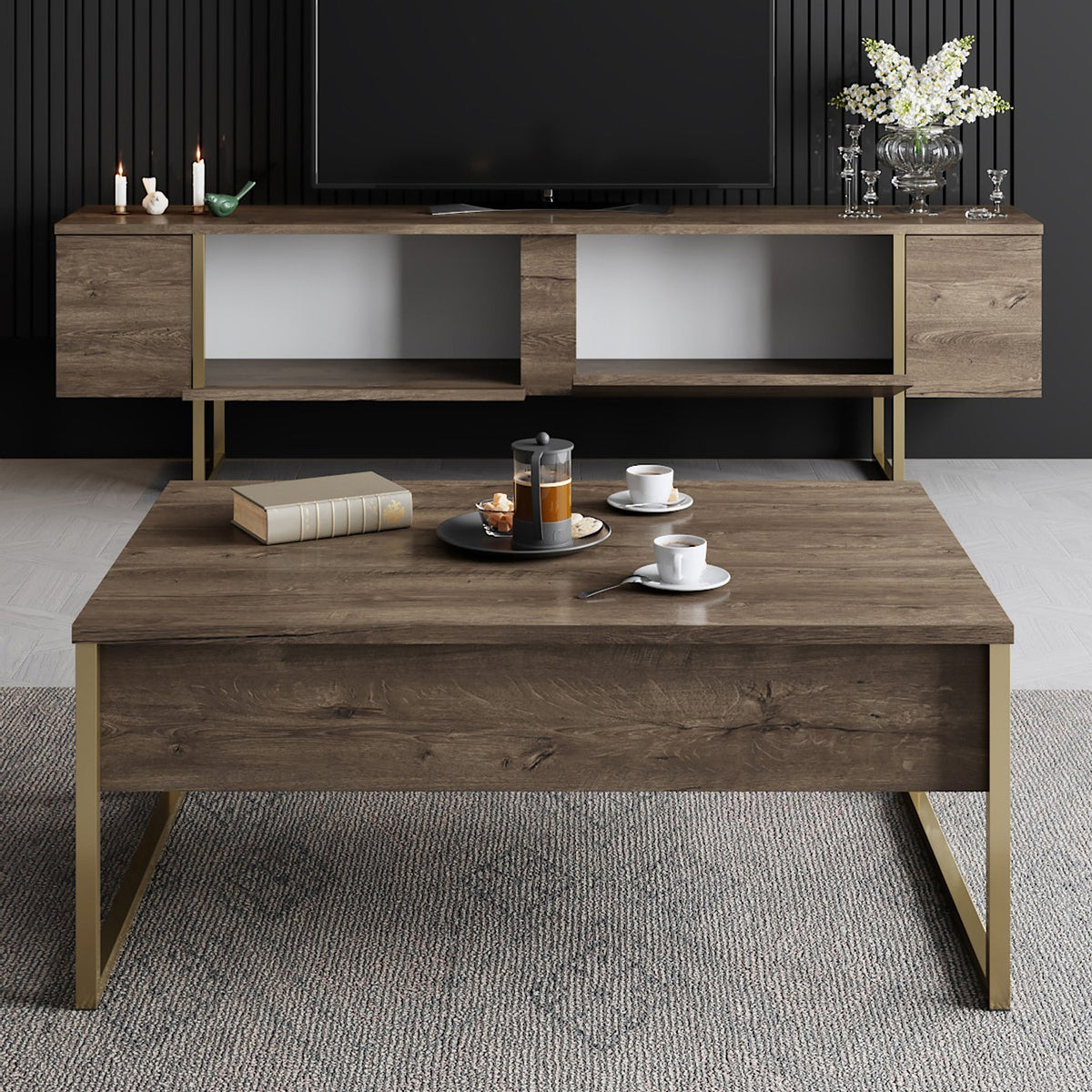 Furniture Sets - Furniture Set Walnut Luxury - Coffee Table + TV Furniture - Golden Frame - Dimehouse