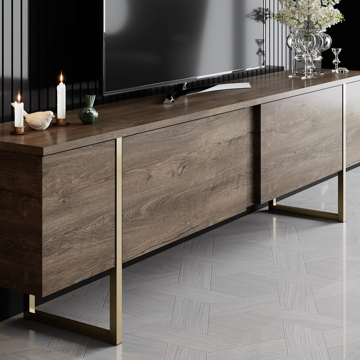 Furniture Sets - Furniture Set Walnut Luxury - Coffee Table + TV Furniture - Golden Frame - Dimehouse