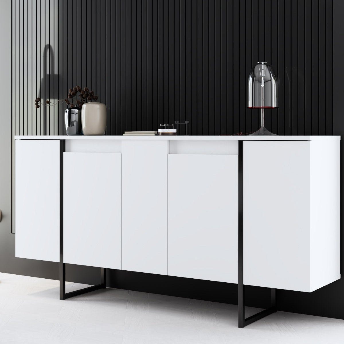 Sideboards - Modern Sideboard White Luxury 160x80x35 - Black Frame - Dimehouse