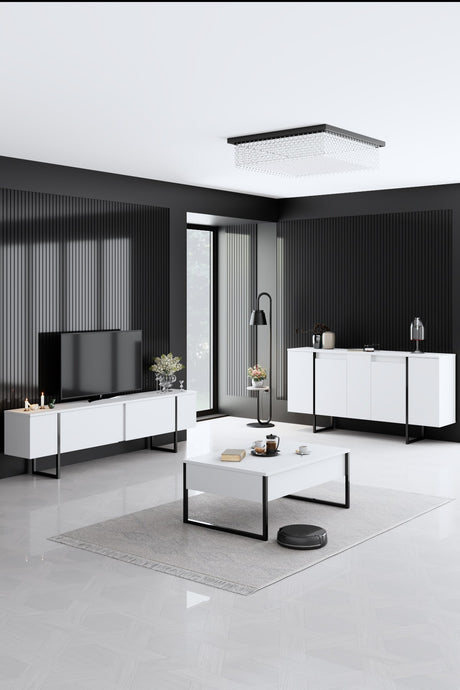 Sideboards - Modern Sideboard White Luxury 160x80x35 - Black Frame - Dimehouse
