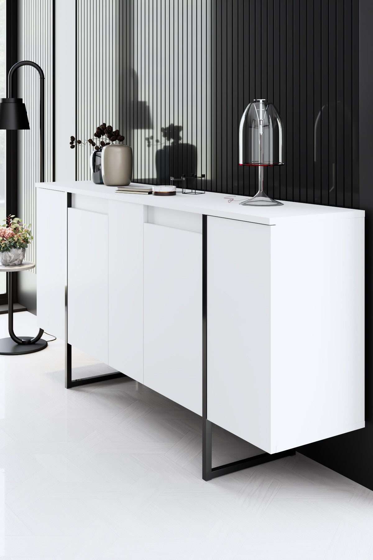 Sideboards - Modern Sideboard White Luxury 160x80x35 - Black Frame - Dimehouse