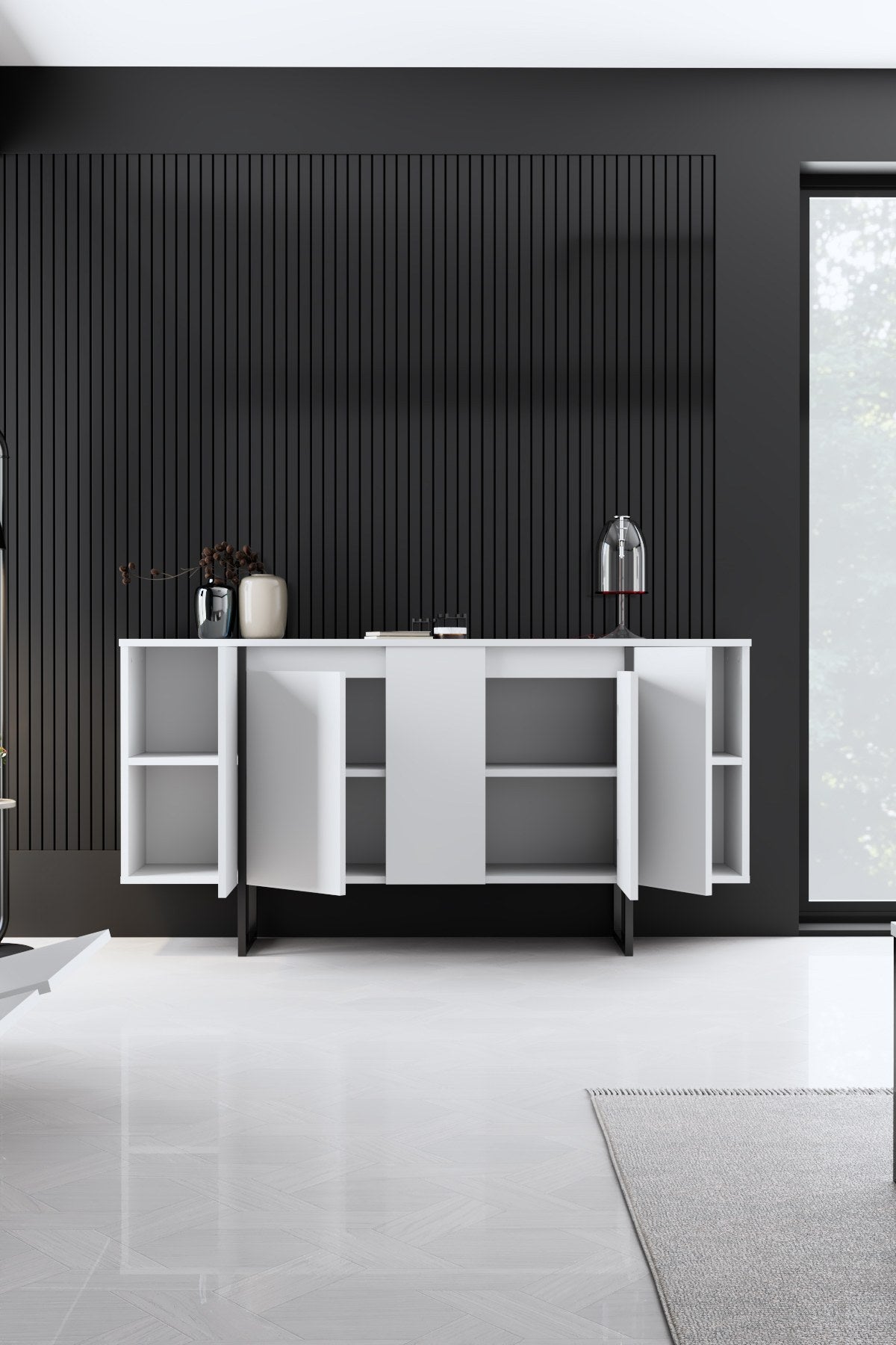 Sideboards - Modern Sideboard White Luxury 160x80x35 - Black Frame - Dimehouse