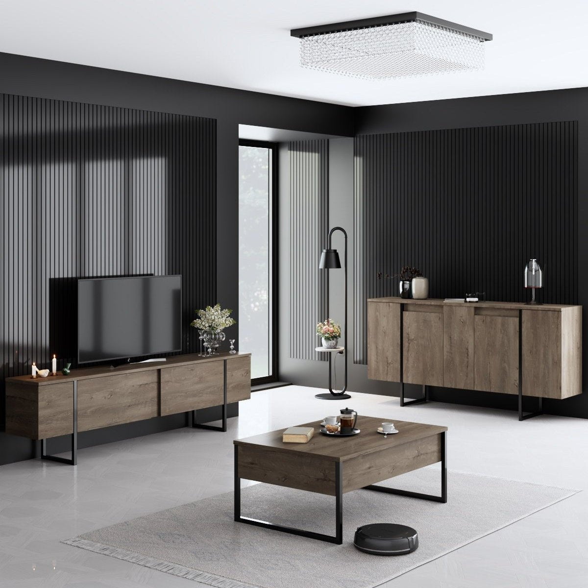 Furniture Sets - Furniture Set Walnut Luxury - Coffee Table + TV Furniture + Dresser - Black Frame - Dimehouse