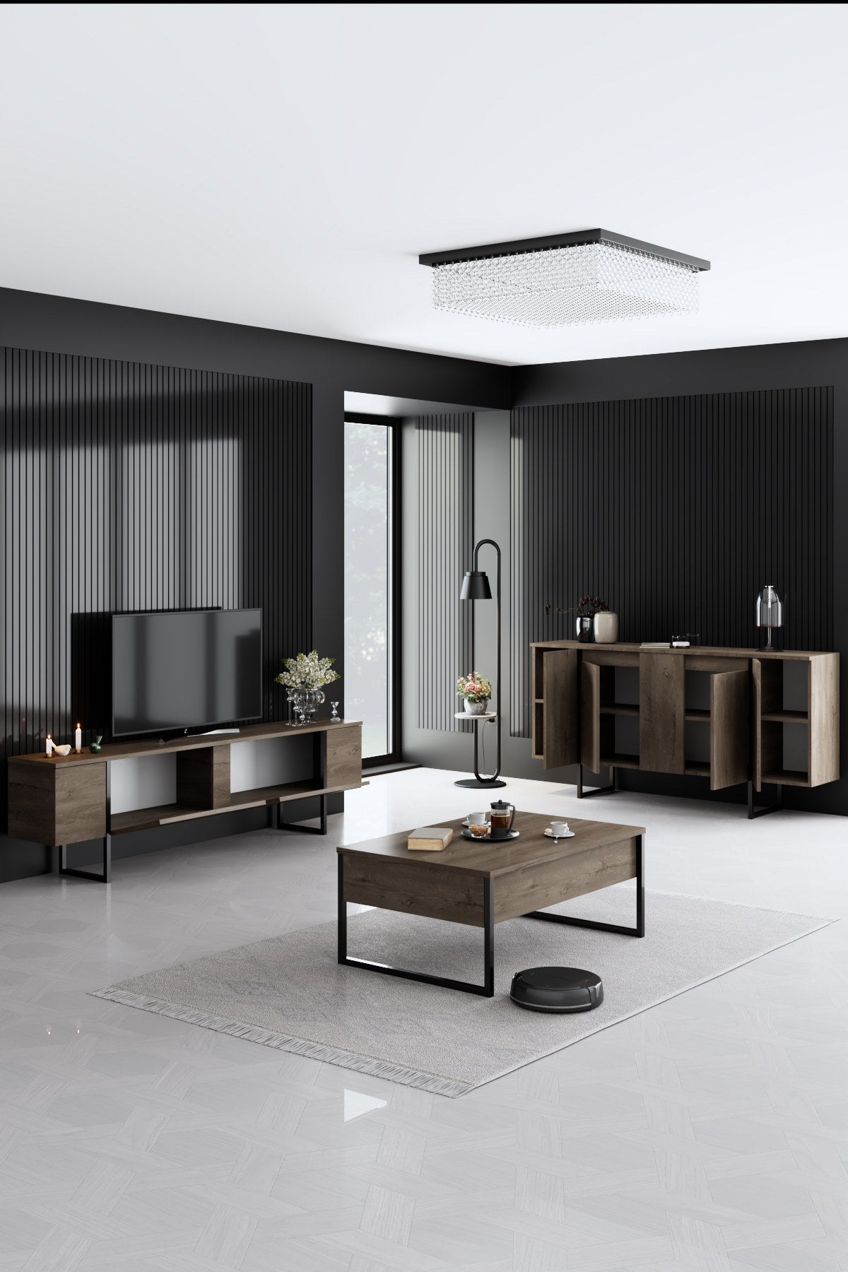 Furniture Sets - Furniture Set Walnut Luxury - Coffee Table + TV Furniture + Dresser - Black Frame - Dimehouse