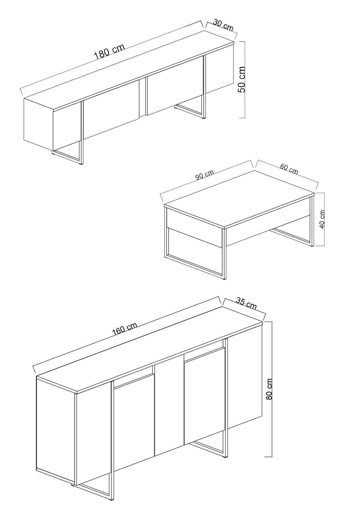 Furniture Sets - Furniture Set Walnut Luxury - Coffee Table + TV Furniture + Sideboard - Golden Frame - Dimehouse