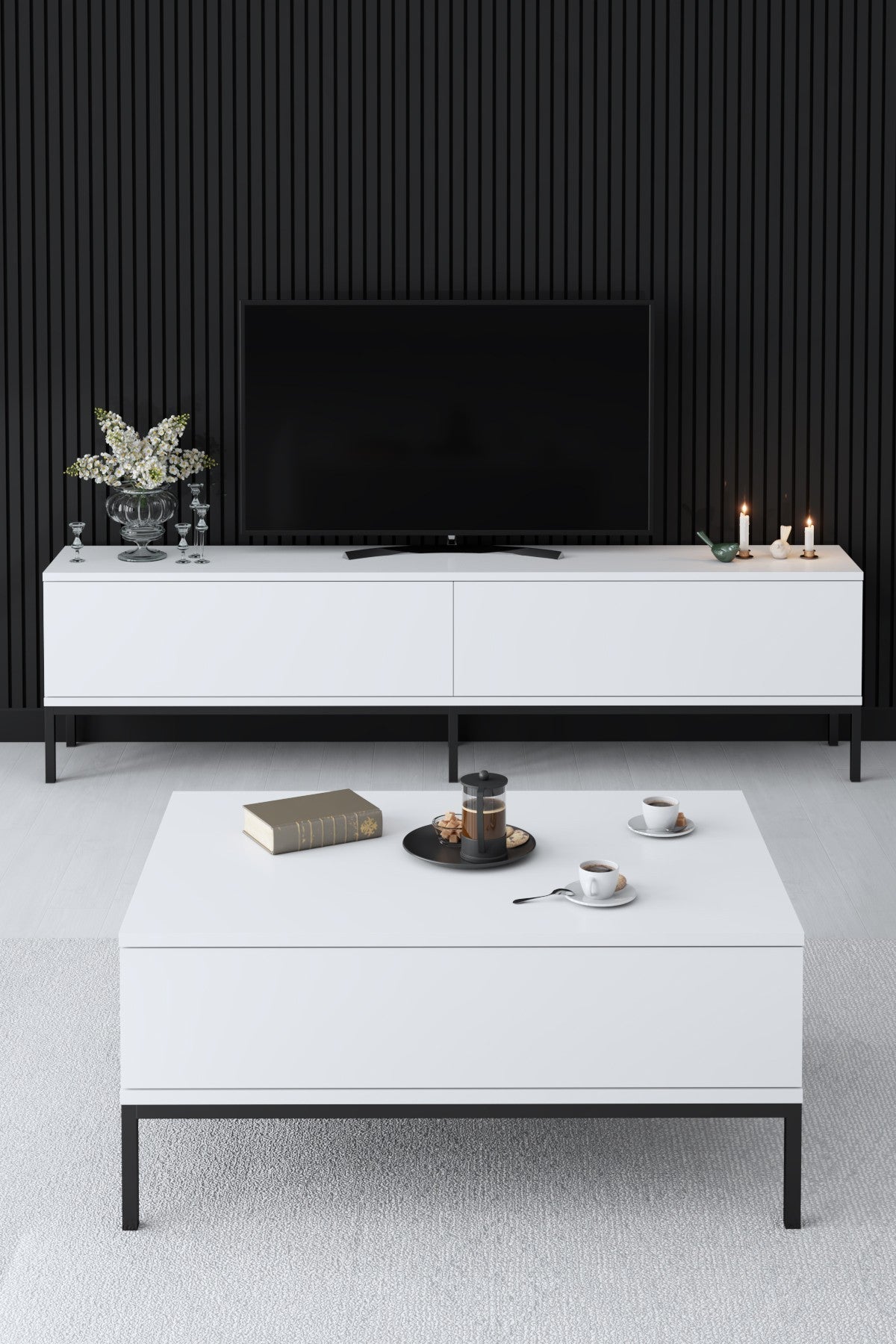 Coffee Tables - Rectangular Coffee Table White Lord 90x60 - Black Frame - Dimehouse
