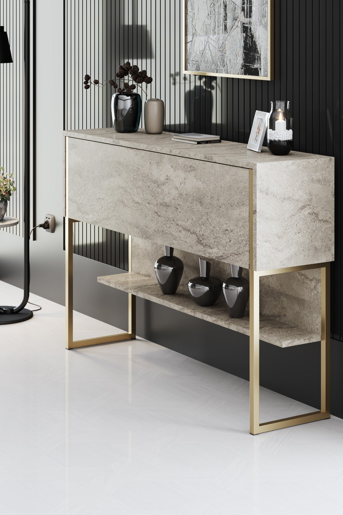 Furniture sets - Furniture set Travertine Luxury - Coffee table + TV Furniture + Dresser Luxury - Gold Frame - Dimehouse