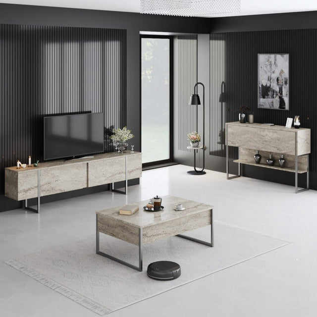 Furniture Sets - Furniture Set Travertine Luxury - Coffee Table + TV Furniture + Sideboard - Silver Frame - Dimehouse