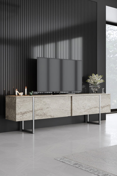 Furniture Sets - Furniture Set Travertine Luxury - Coffee Table + TV Furniture + Sideboard - Silver Frame - Dimehouse