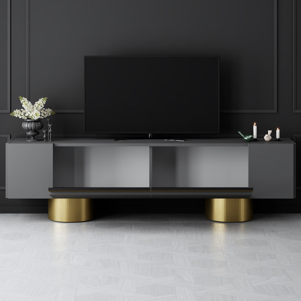 TV Furniture - TV Furniture Anthracite Bohem 180x50x30 - Golden Frame - Dimehouse