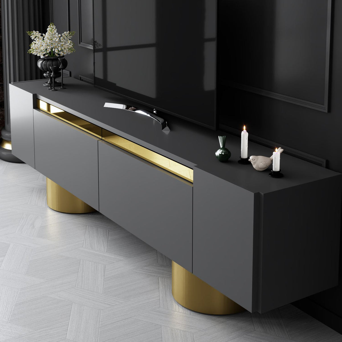 TV Furniture - TV Furniture Anthracite Bohem 180x50x30 - Golden Frame - Dimehouse
