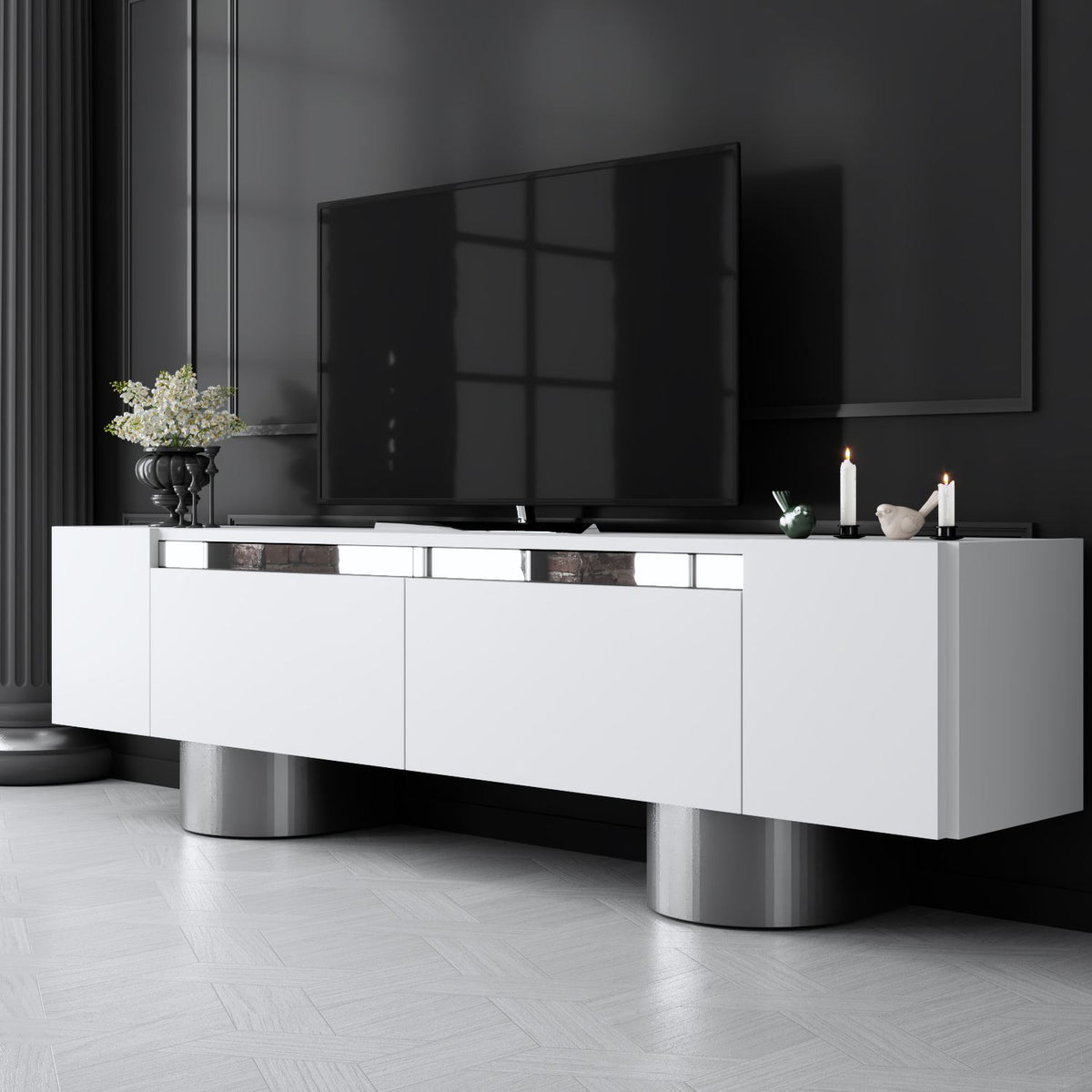 TV Furniture - TV Furniture White Bohem 180x50x30 - Silver Frame - Dimehouse