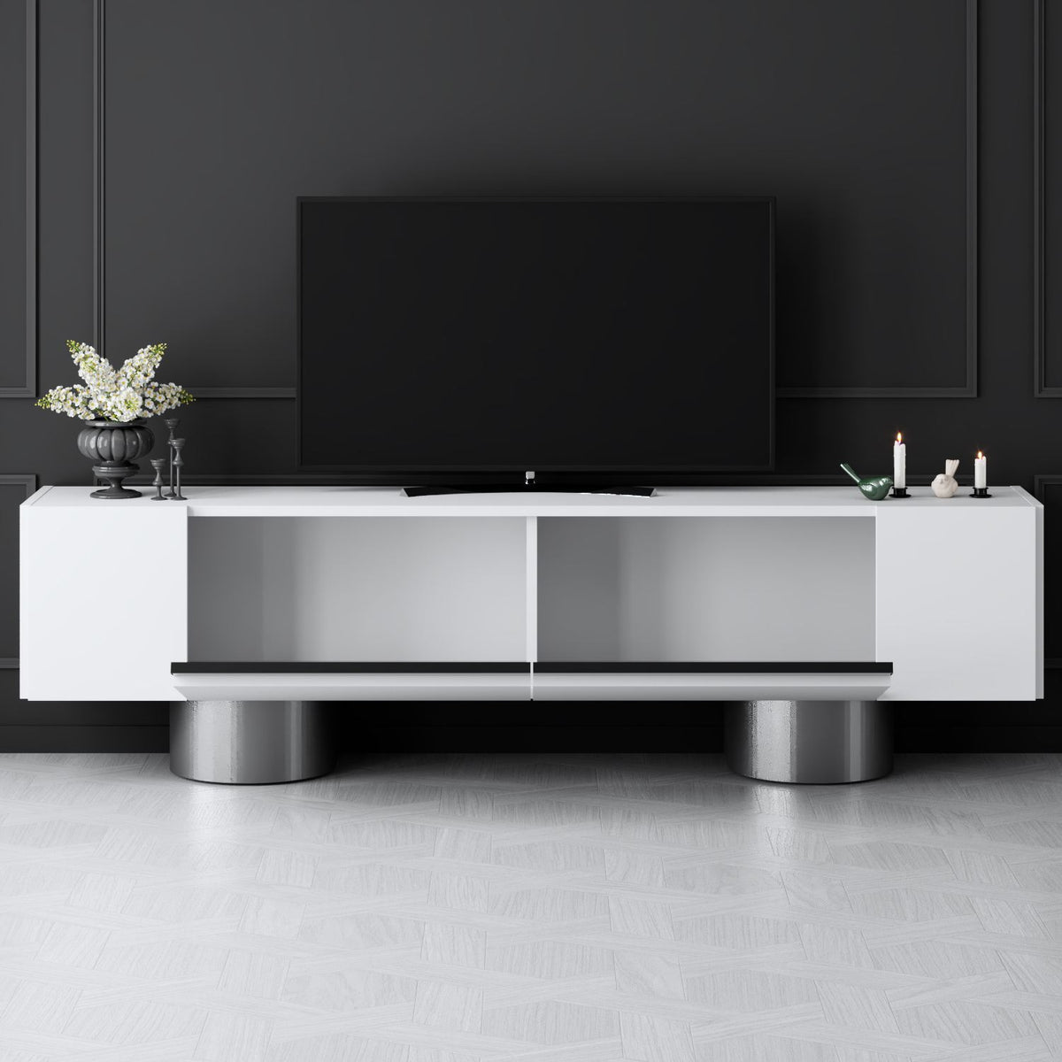TV Furniture - TV Furniture White Bohem 180x50x30 - Silver Frame - Dimehouse