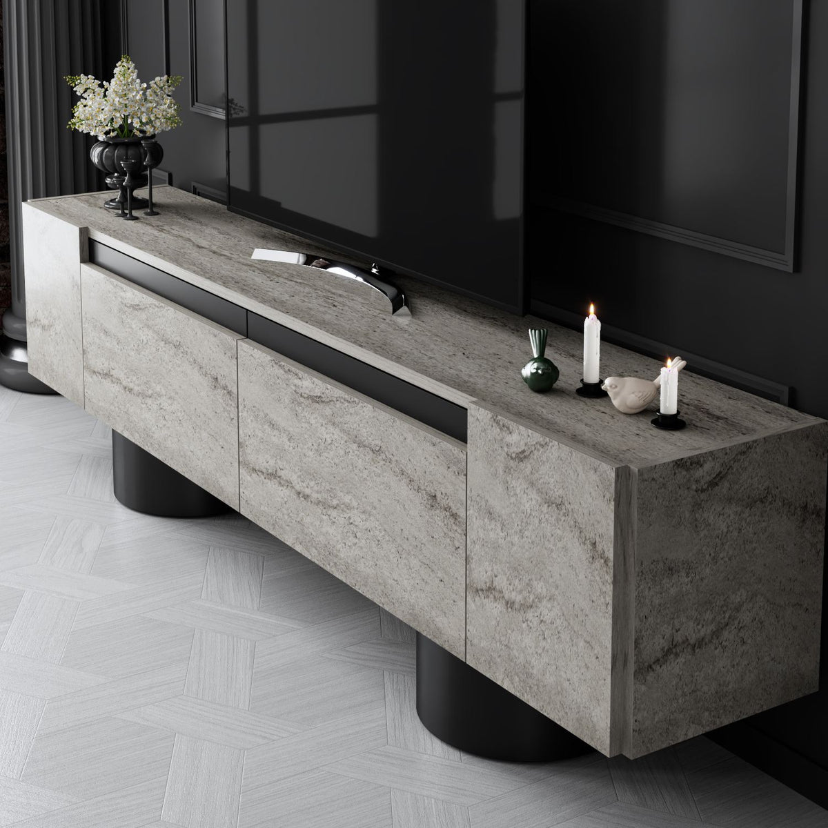 TV Furniture - TV Furniture Travertine Bohem 180x50x30 - Black Frame - Dimehouse