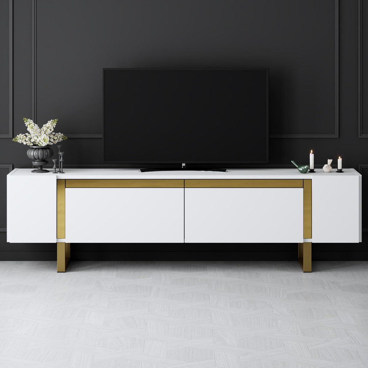 TV Furniture - TV Furniture White Yildiz 180x50x30 - Golden Frame - Dimehouse