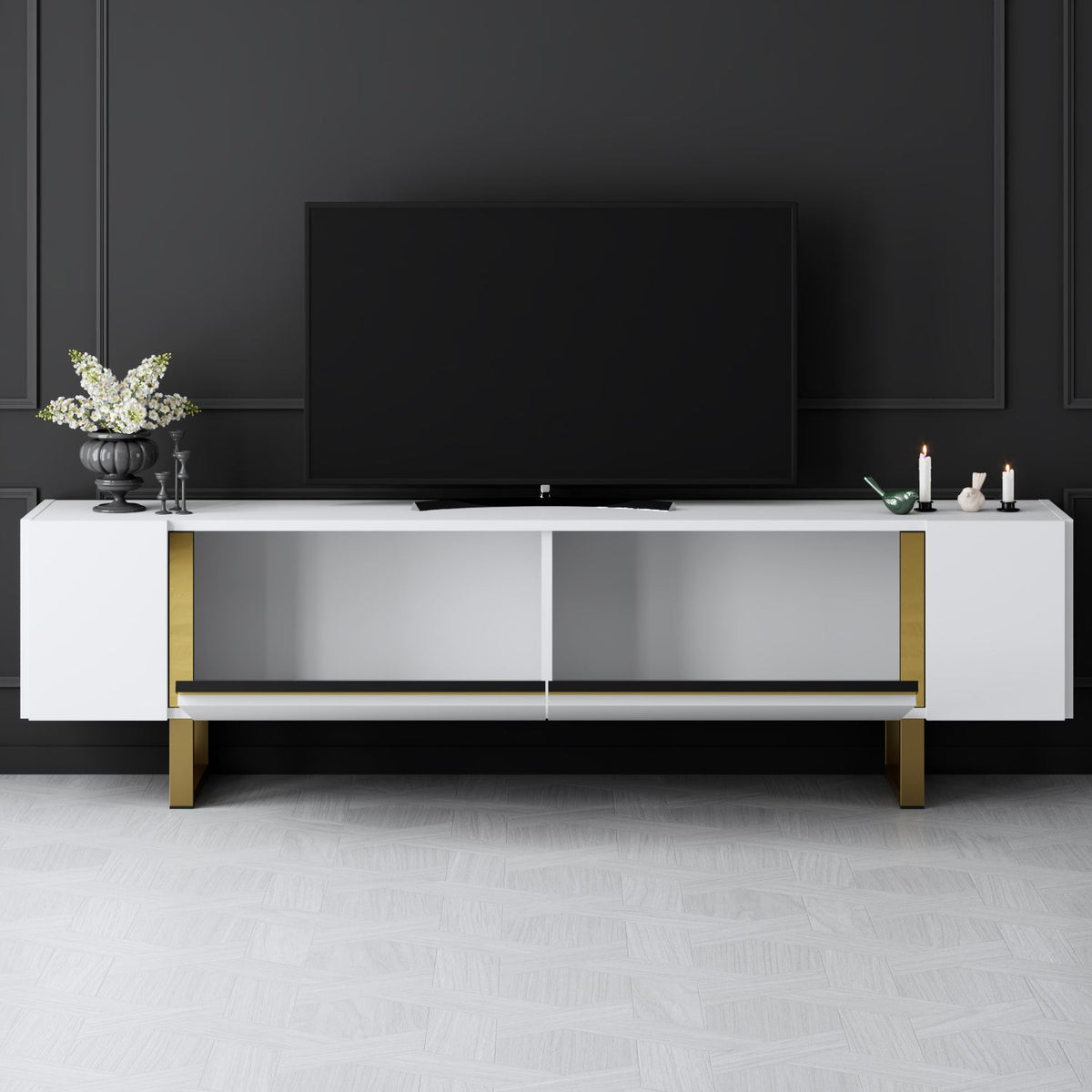 TV Furniture - TV Furniture White Yildiz 180x50x30 - Golden Frame - Dimehouse
