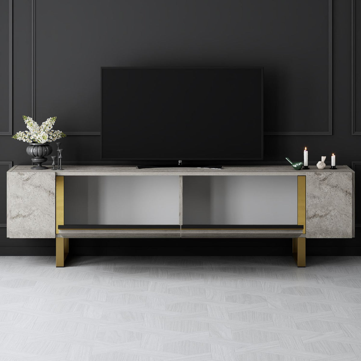 TV Furniture - TV Furniture Travertine Yildiz 180x50x30 - Golden Frame - Dimehouse
