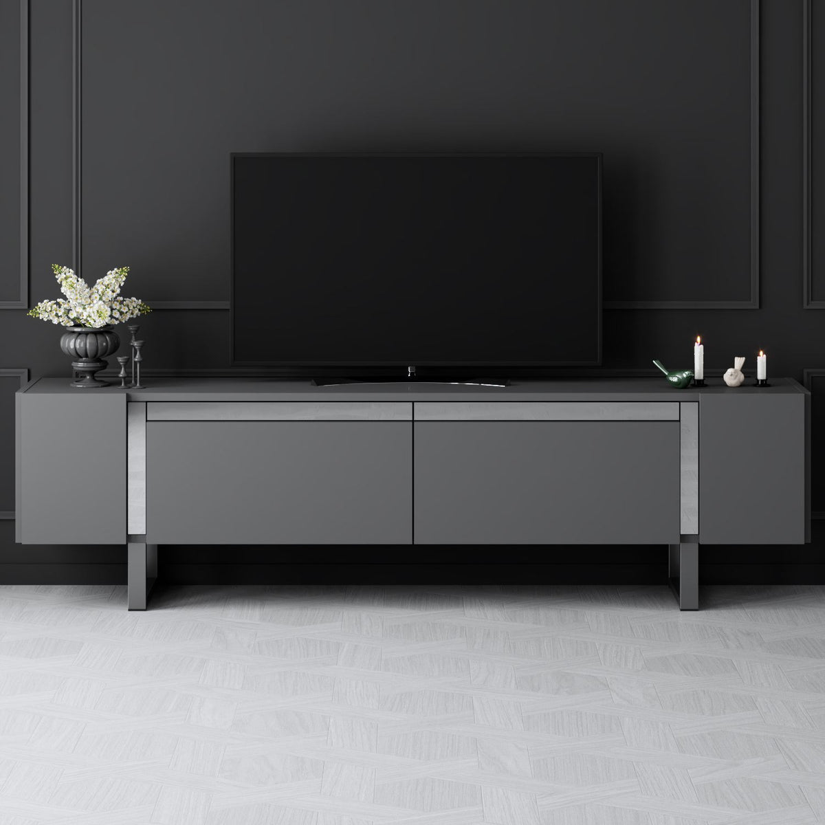TV Furniture - TV Furniture Anthracite Yildiz 180x50x30 - Silver Frame - Dimehouse