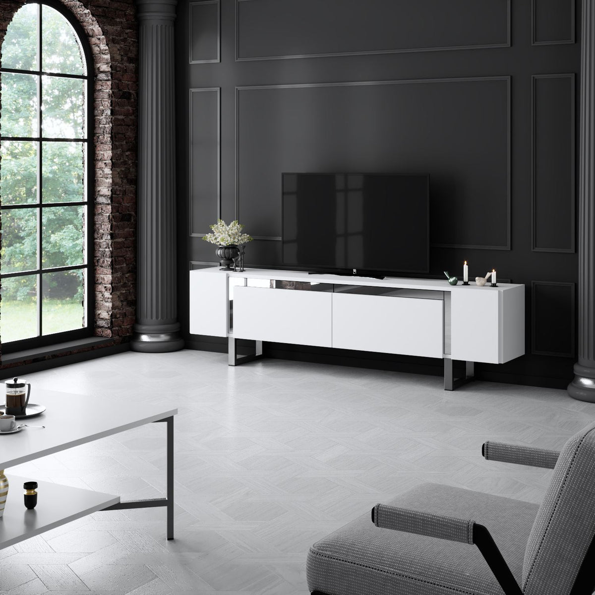 TV Furniture - TV Furniture White Yildiz 180x50x30 - Silver Frame - Dimehouse