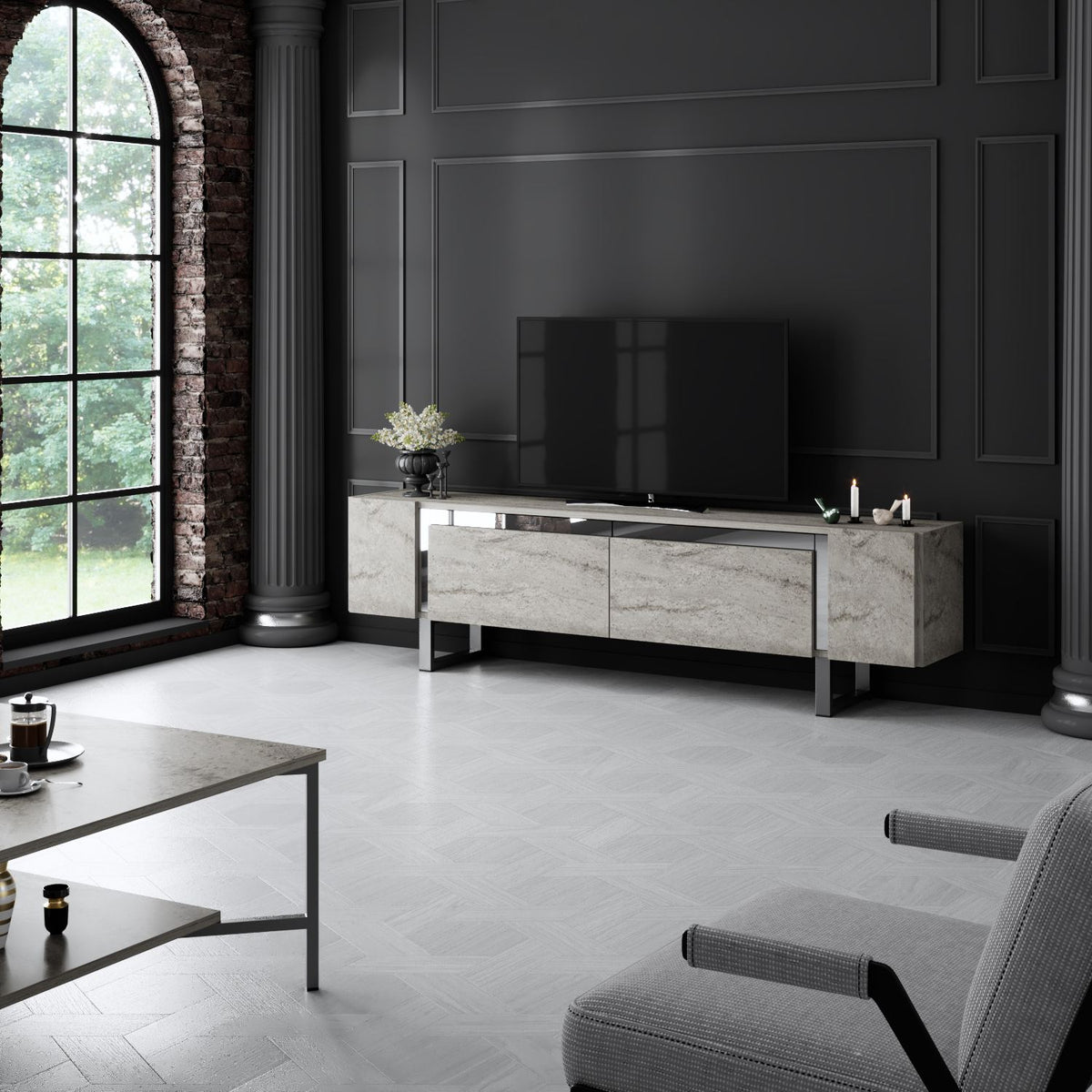 TV Furniture - TV Furniture Travertine Yildiz 180x50x30 - Silver Frame - Dimehouse