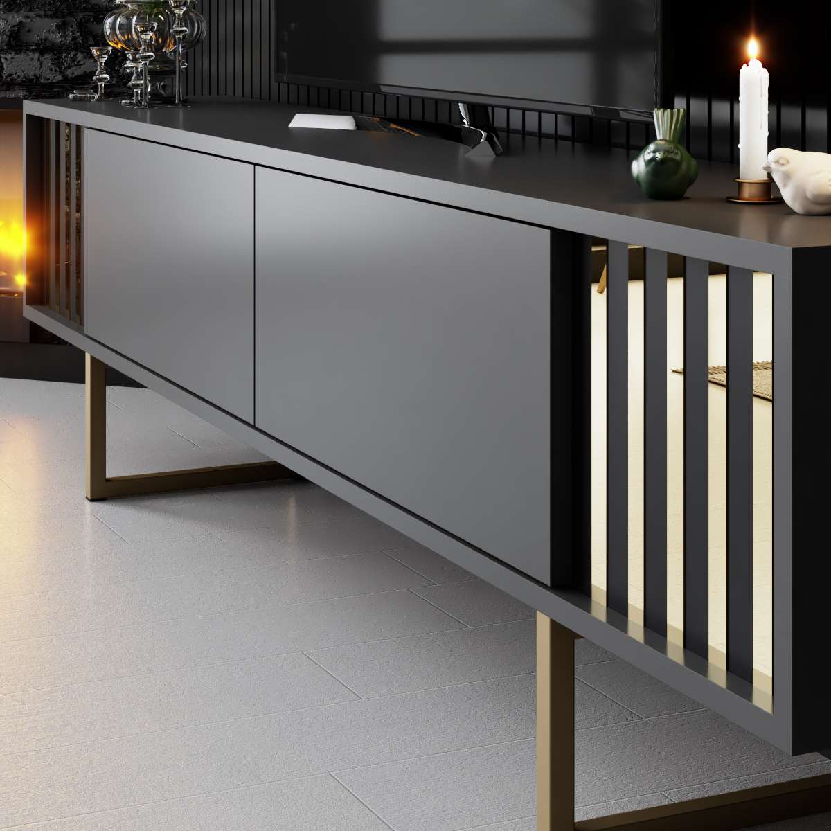 TV Furniture - TV Furniture Anthracite Gold Line 180x48x30 - Golden Frame - Dimehouse
