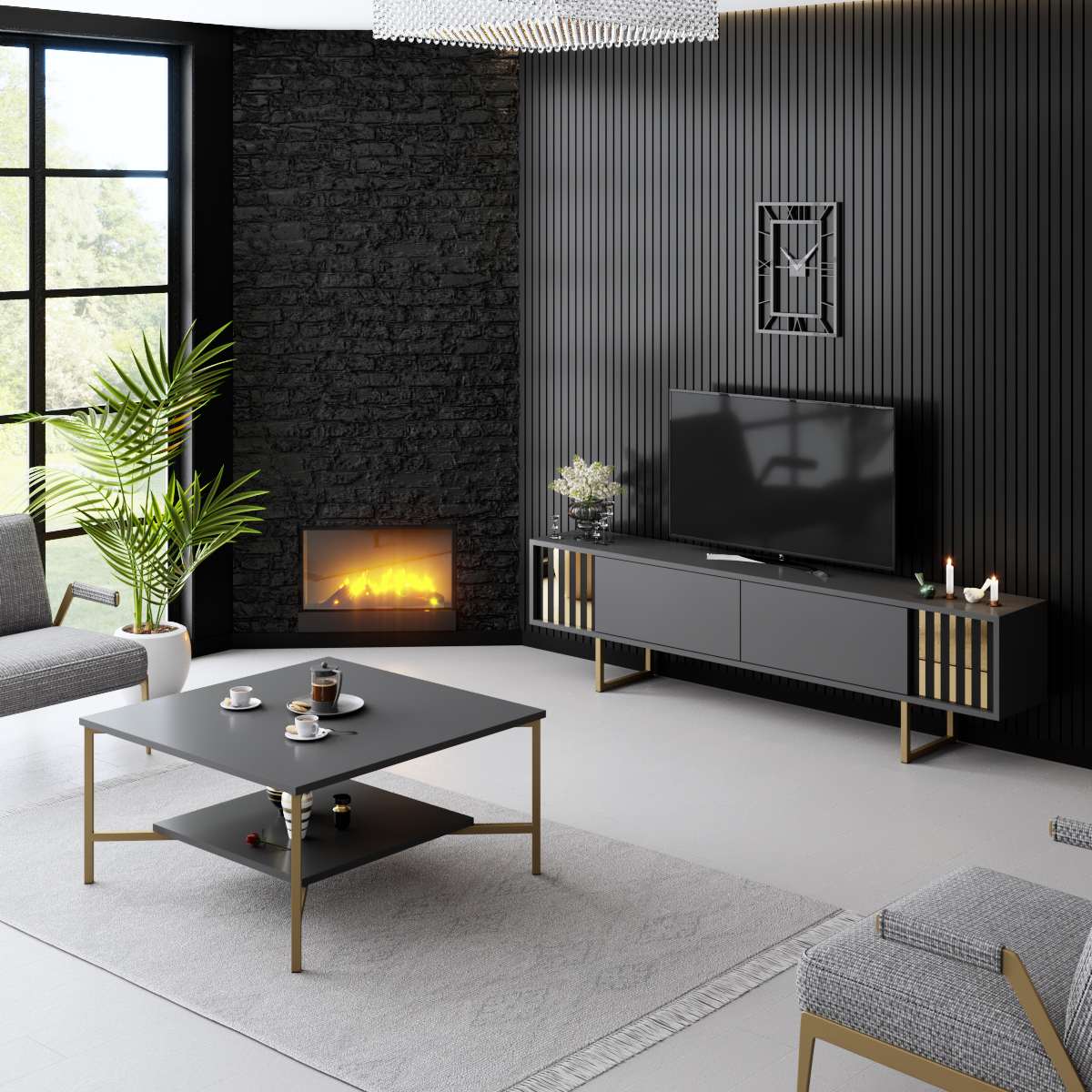 TV Furniture - TV Furniture Anthracite Gold Line 180x48x30 - Golden Frame - Dimehouse