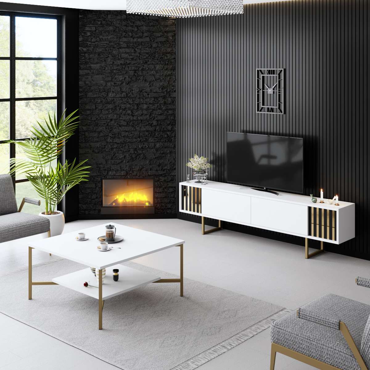 TV Furniture - TV Furniture White Gold Line 180x48x30 - Golden Frame - Dimehouse