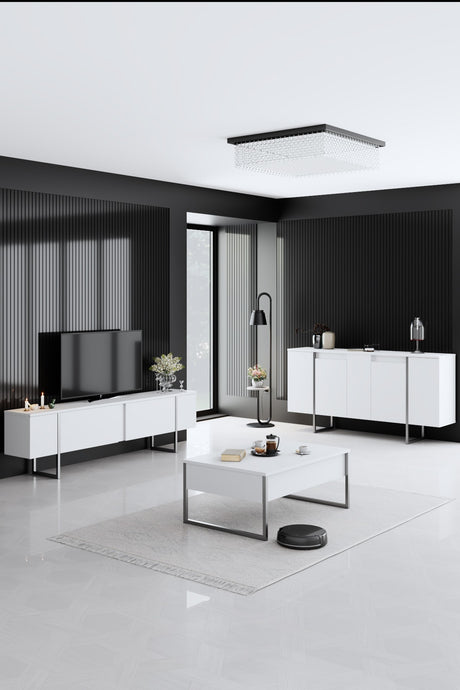 Sideboards - Modern Sideboard White Luxury 160x80x35 - Silver Frame - Dimehouse