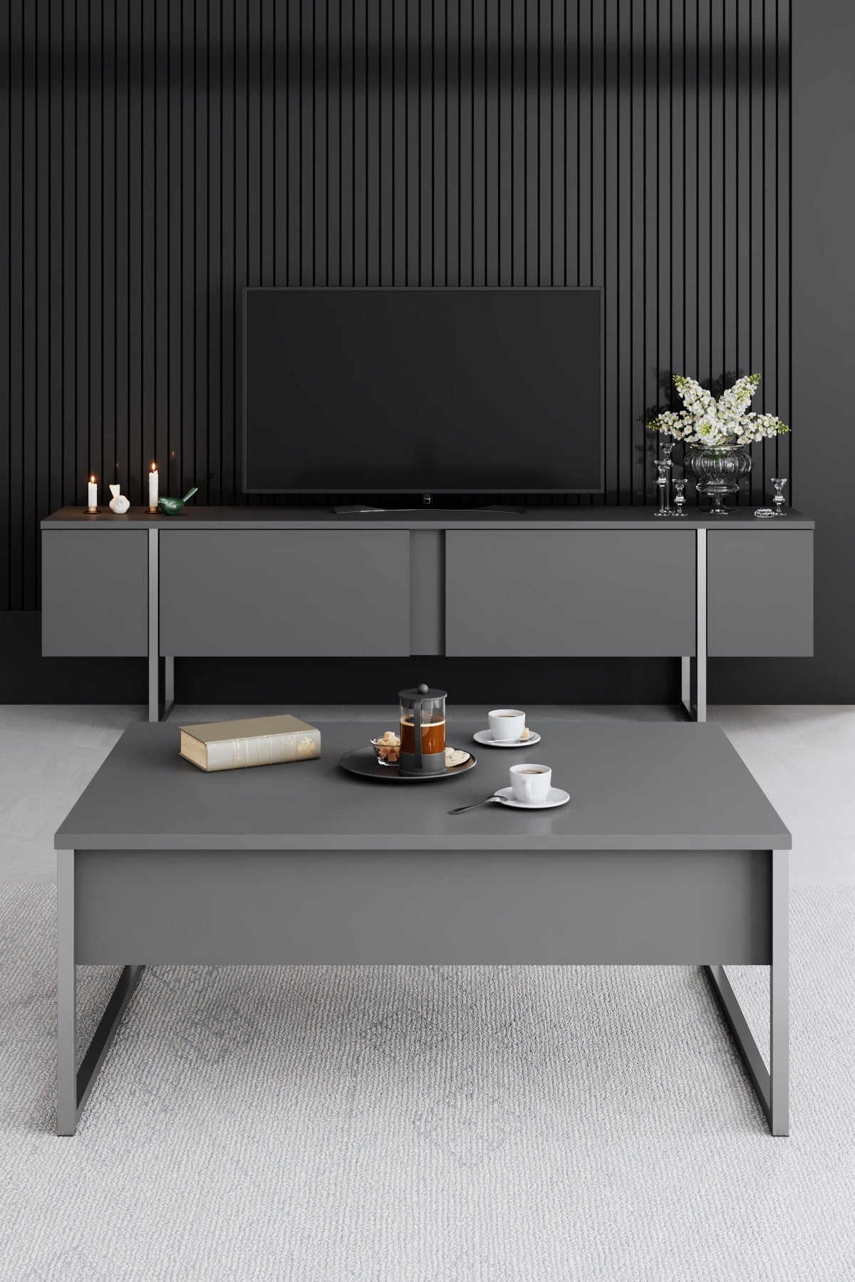 Coffee Tables - Rectangular Coffee Table Anthracite Luxury 90x60 - Silver Frame - Dimehouse
