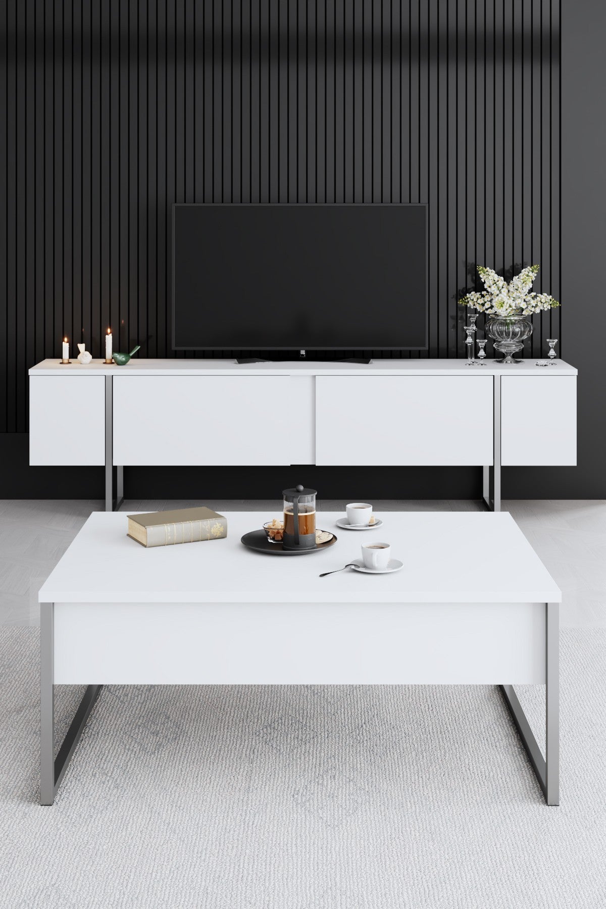 Coffee Tables - Rectangular Coffee Table White Luxury 90x60 - Silver Frame - Dimehouse