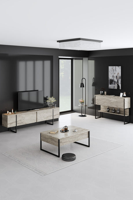 Coffee tables - Rectangular Coffee Table Travertine Luxury 90x60 - Black Frame - Dimehouse