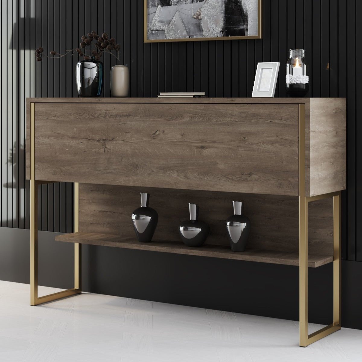 Sideboards - Modern Sideboard Walnut Luxury 120x80x30 - Golden Frame - One Compartment - Dimehouse