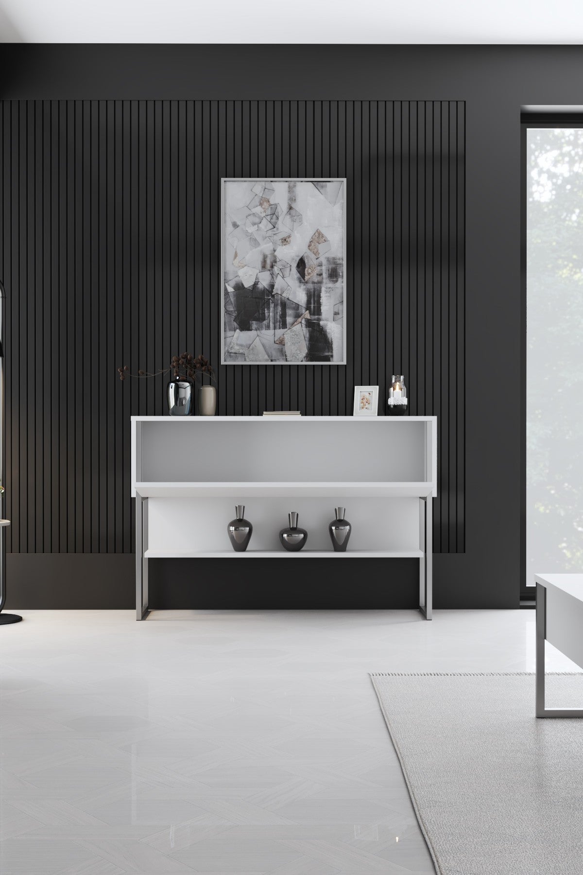 Sideboards - Modern Sideboard White Luxury 120x80x30 - Silver Frame - One Compartment - Dimehouse