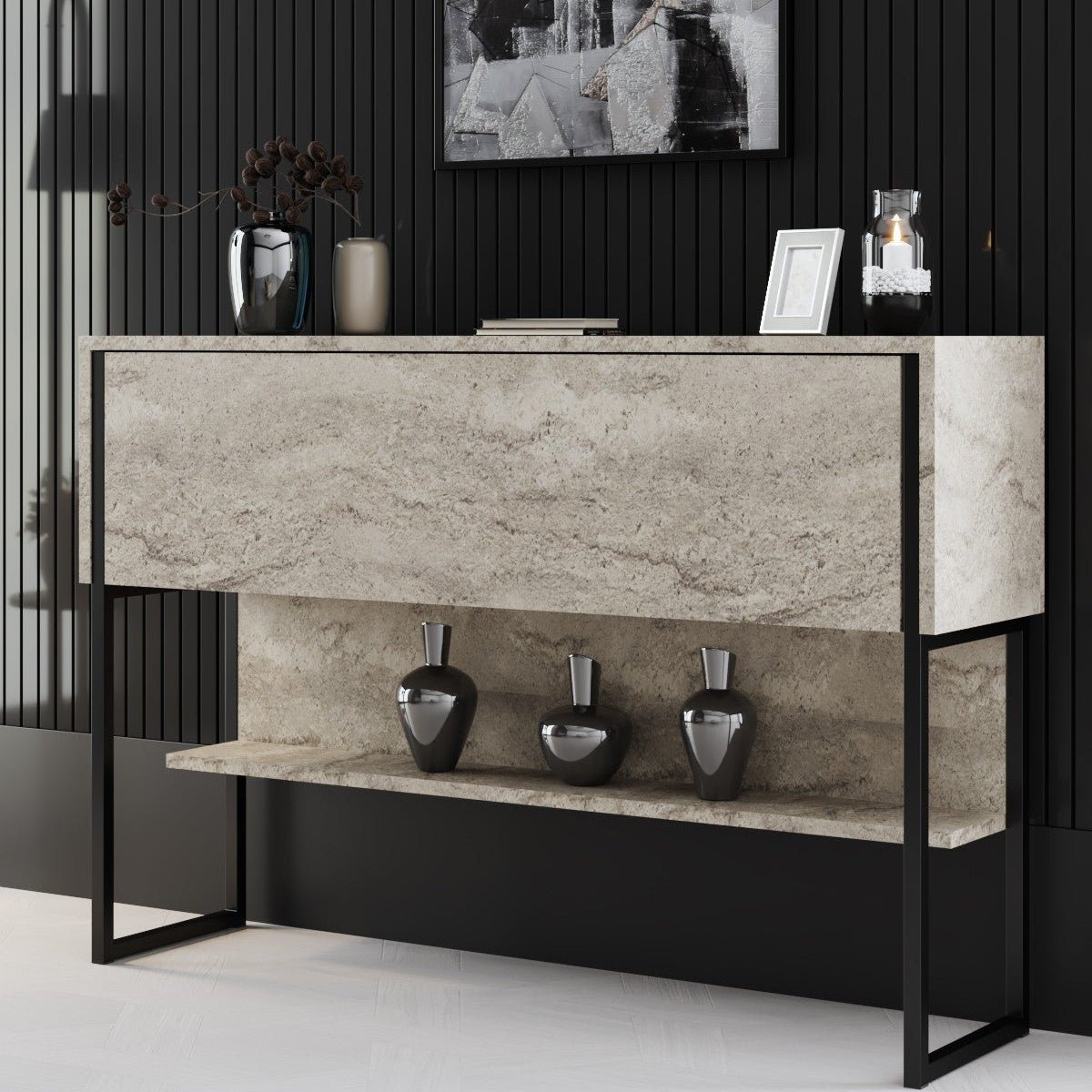 Sideboards - Modern Sideboard Travertine Luxury 120x80x35 - Black Frame - One Compartment - Dimehouse