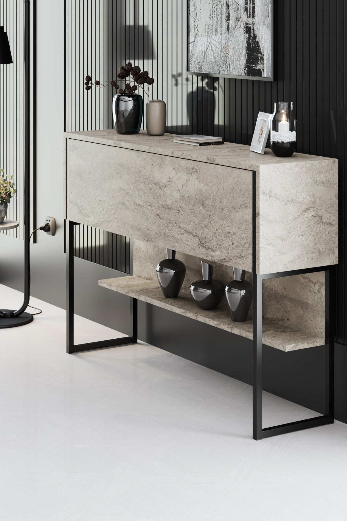 Sideboards - Modern Sideboard Travertine Luxury 120x80x35 - Black Frame - One Compartment - Dimehouse