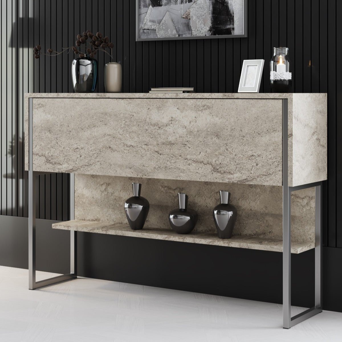 Sideboards - Modern Sideboard Travertine Luxury 120x80x30 - Silver Frame - One Compartment - Dimehouse