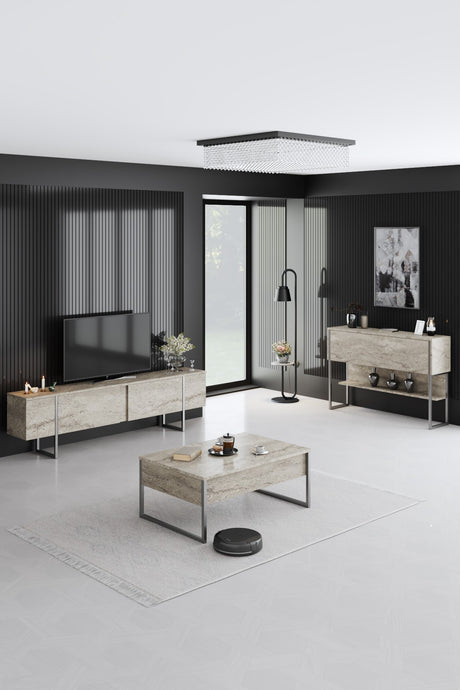 Sideboards - Modern Sideboard Travertine Luxury 120x80x30 - Silver Frame - One Compartment - Dimehouse